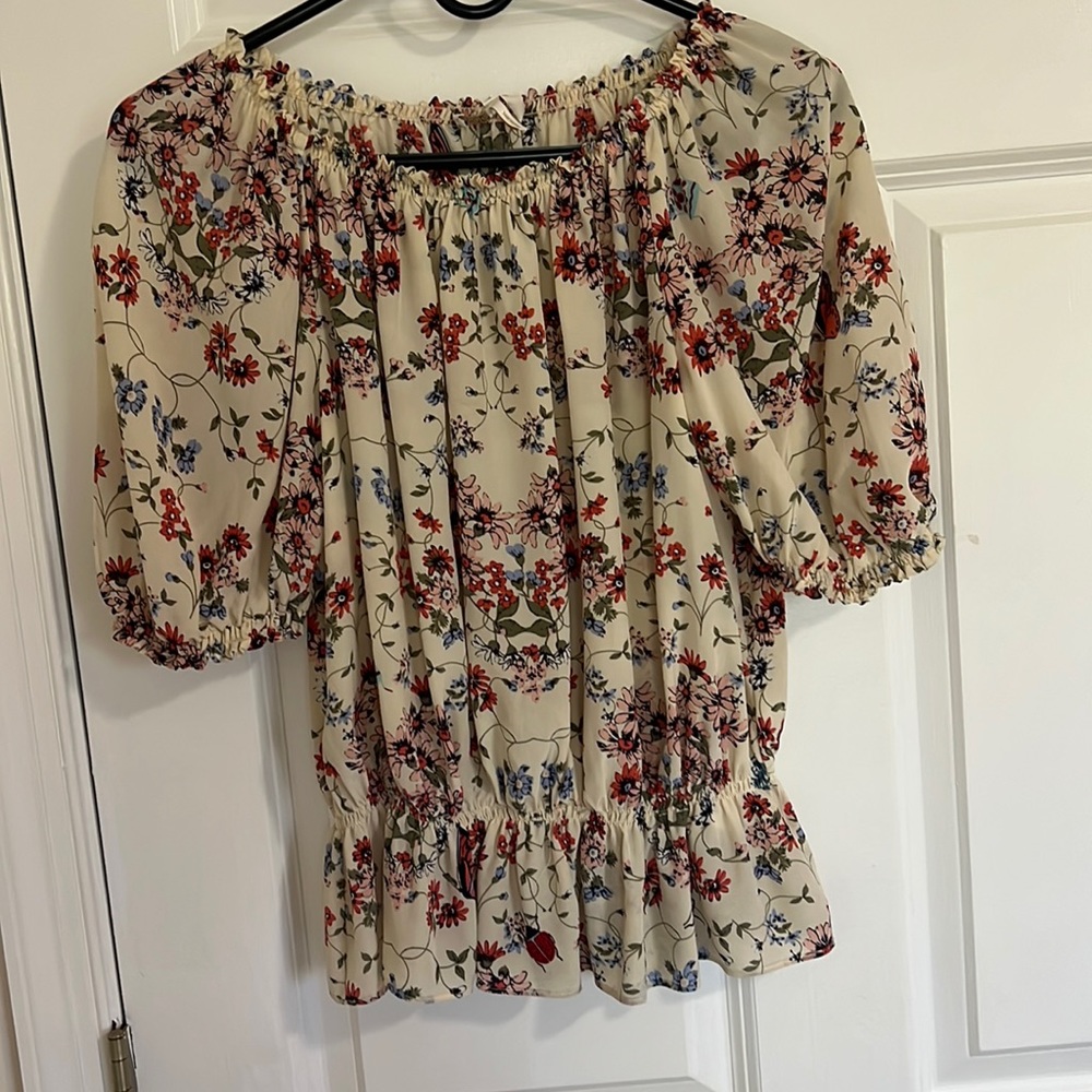 Maje tan, floral blouse